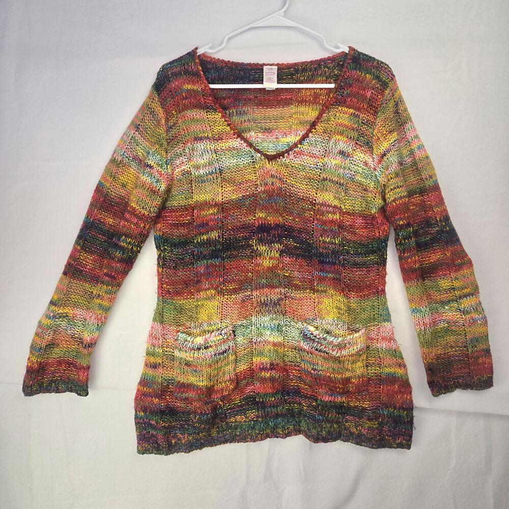 Bobby Brooks Colorful Rainbow V-Neck Knit Sweater Pockets Size L